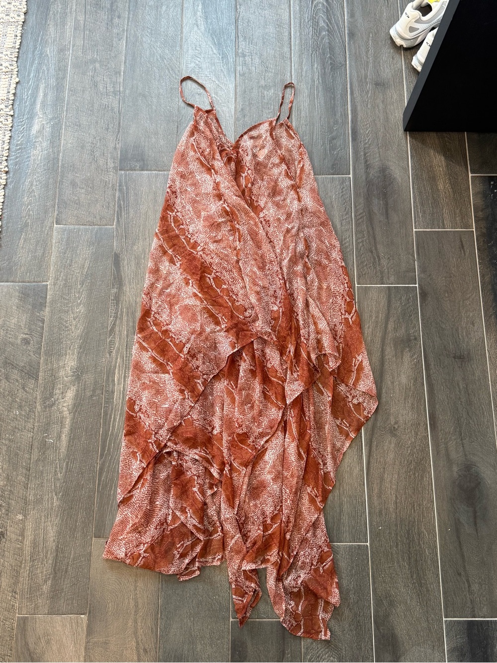 Rust Snake-Print Swim Coverup Slip Dress with Handkerchief Hem
